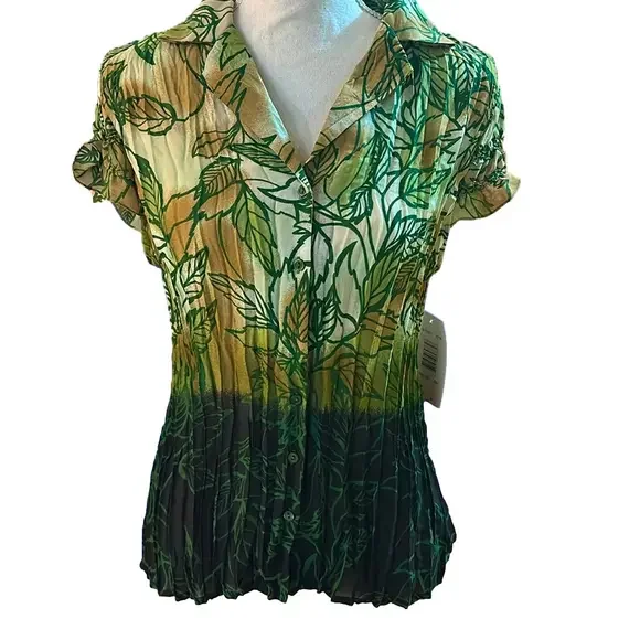 Sunny Leigh Green and Yellow Leaf Print Blouse - Picture 2 of 8